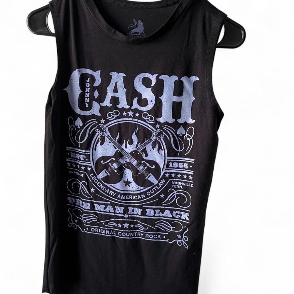 Johnny Cash Man in Black Sleeveless Top with Blue Graphic Women's Small Band Tee